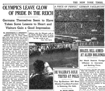 NYT: OLYMPICS LEAVE GLOW OF PRIDE IN THE REICH; Germans Themselves Seem to Have Taken Some Lessons to Heart and Visitors Gain a Good Impression