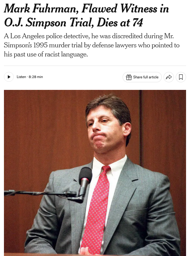 NYT: Mark Fuhrman, Flawed Witness in O.J. Simpson Trial, Dies at 74
