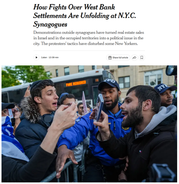 NYT: How Fights Over West Bank Settlements Are Unfolding at N.Y.C. Synagogues