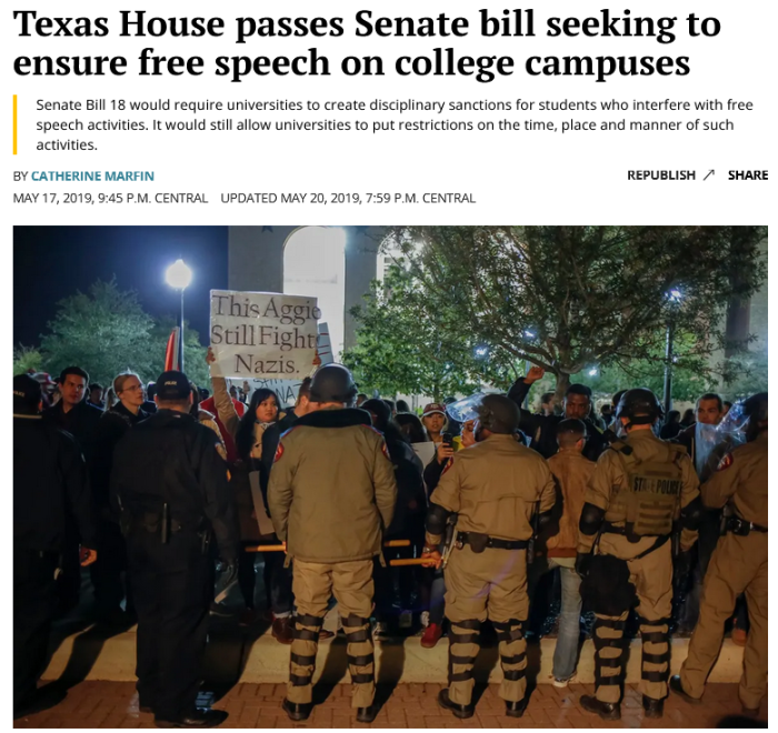Texas Tribune: Texas House passes Senate bill seeking to ensure free speech on college campuses