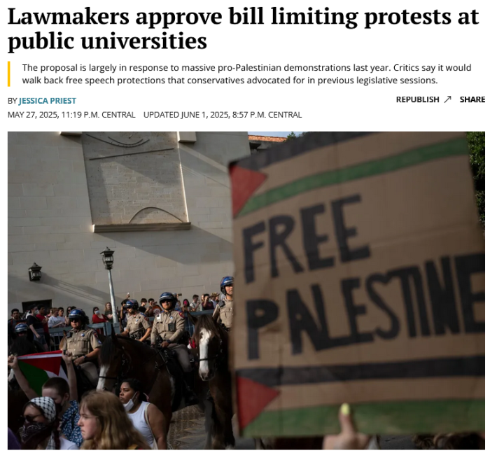 Texas Tribune: Lawmakers approve bill limiting protests at public universities