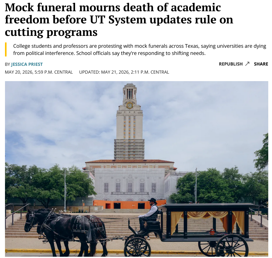 Texas Tribune: Mock funeral mourns death of academic freedom before UT System updates rule on cutting programs