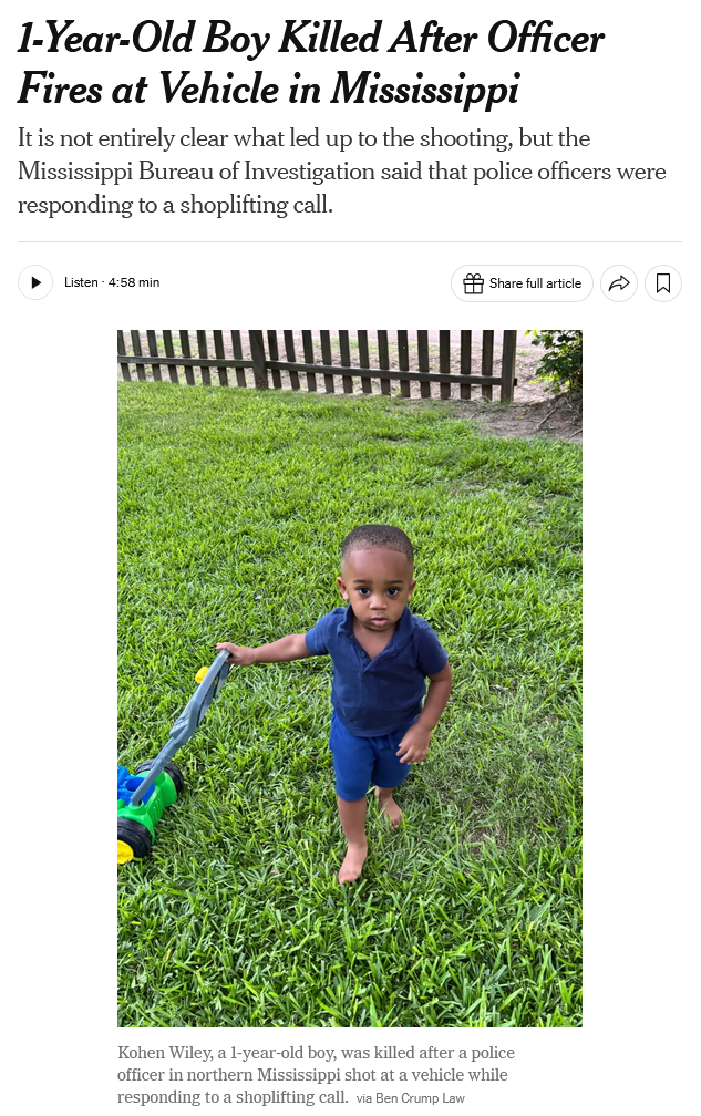 NYT: 1-Year-Old Boy Killed After Officer Fires at Vehicle in Mississippi