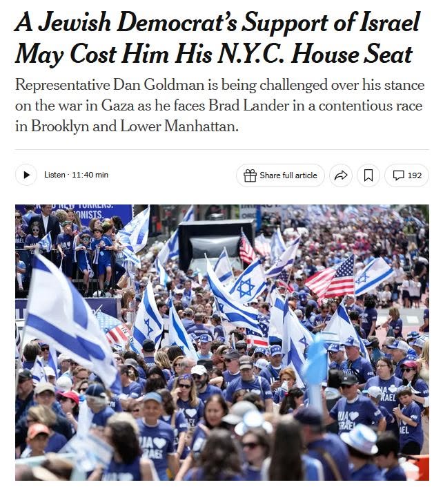 NYT: A Jewish Democrat's Support of Israel May Cost Him His NYC House Seat