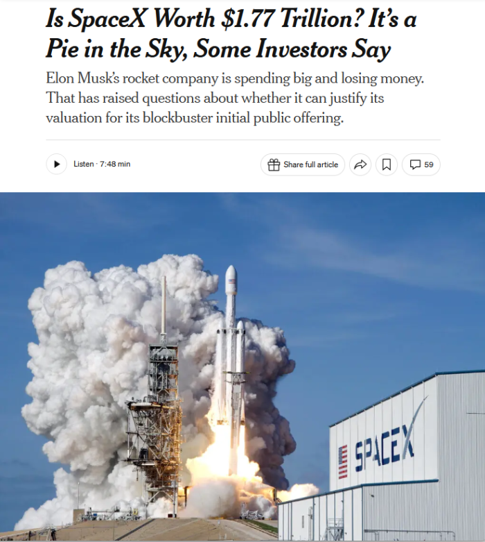 NYT: Is SpaceX Worth $1.77 Trillion? It’s a Pie in the Sky, Some Investors Say