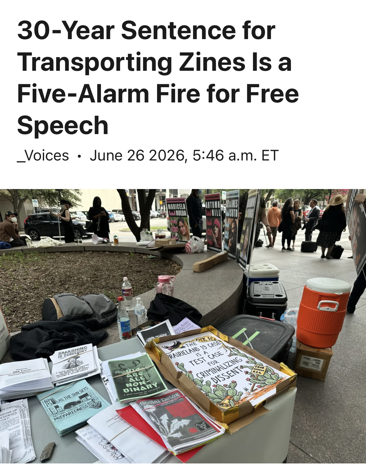 Intercept article headlined "30 Year Prison Sentence for Transporting Zines Is a Five-Alarm Fire for Free Speech"