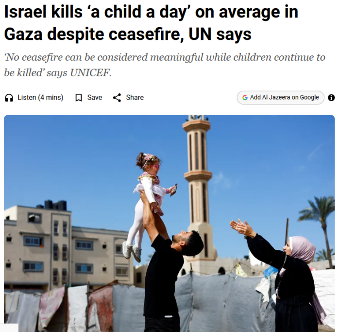 Al Jazeera: Israel kills ‘a child a day’ on average in Gaza despite ceasefire, UN says