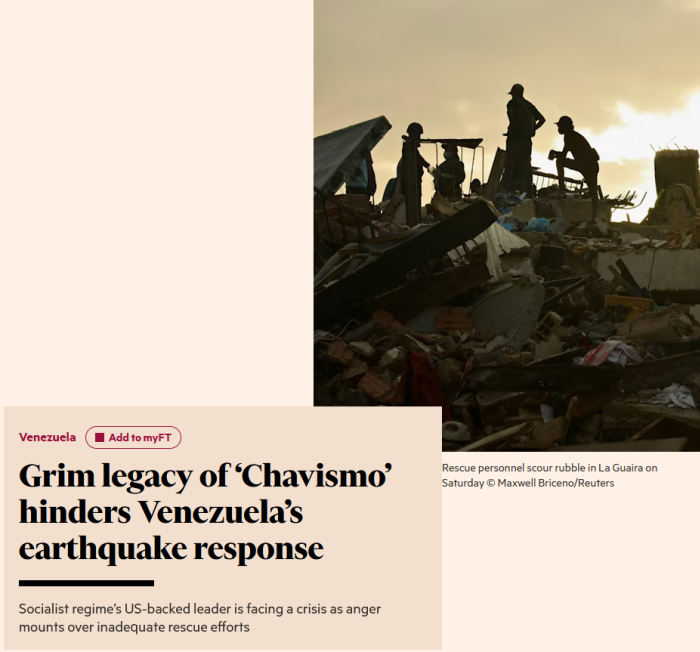 FT: Grim Legacy of 'Chavismo' Hinders Venezuela's Earthquake Response