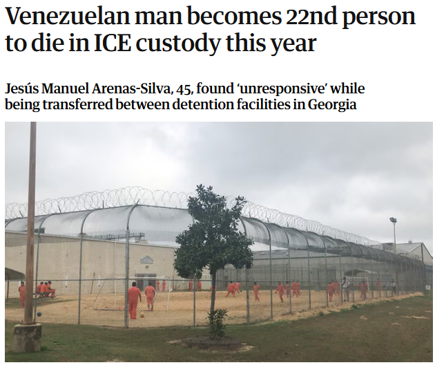 Guardian: Venezuelan man becomes 22nd person to die in ICE custody this year