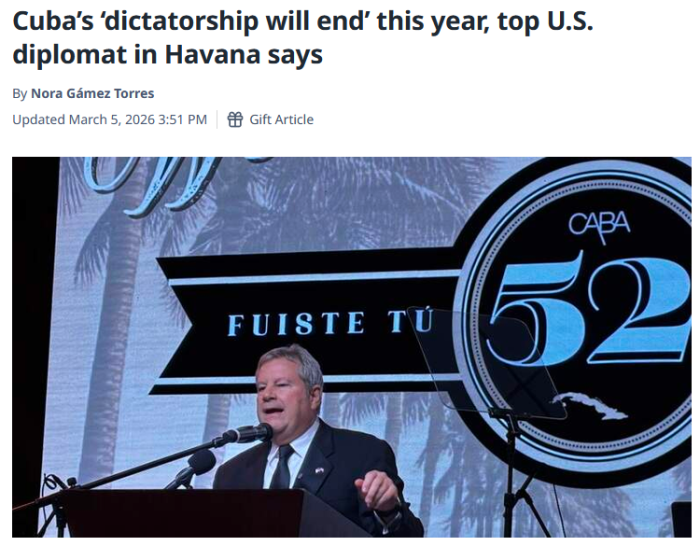 Miami Herald: Cuba’s ‘dictatorship will end’ this year, top U.S. diplomat in Havana says
