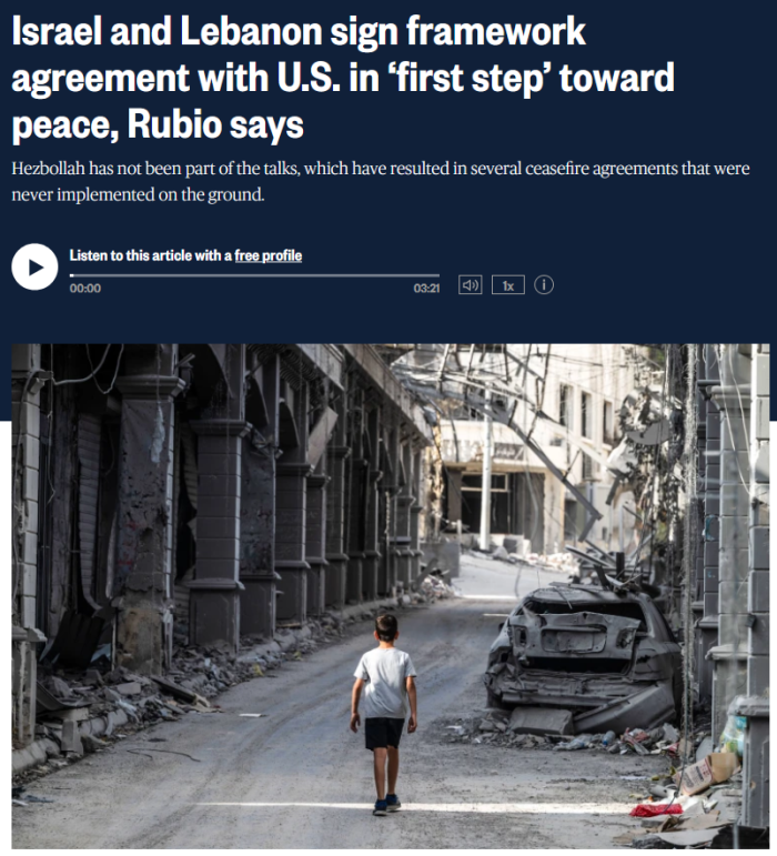 AP via NBC: Israel and Lebanon sign framework agreement with U.S. in ‘first step’ toward peace, Rubio says