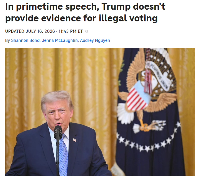 NPR: In primetime speech, Trump doesn't provide evidence for illegal voting