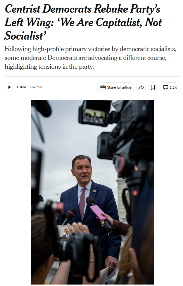 NYT: Centrist Democrats Rebuke Party’s Left Wing: ‘We Are Capitalist, Not Socialist’