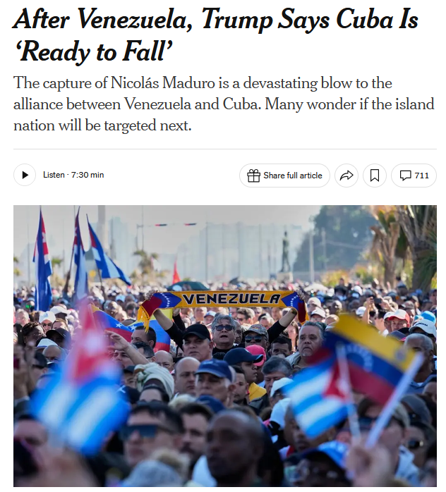 NYT: After Venezuela, Trump Says Cuba Is ‘Ready to Fall’
