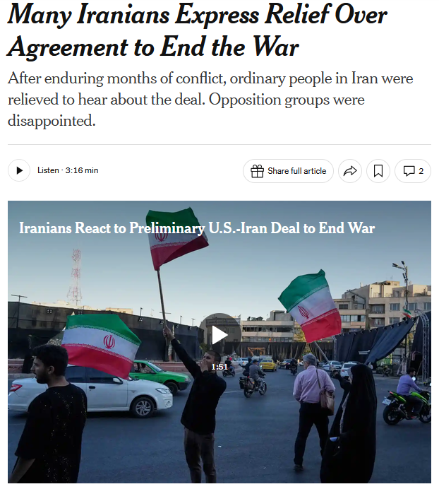 New York Times: Many Iranians Express Relief Over Agreement to End the War