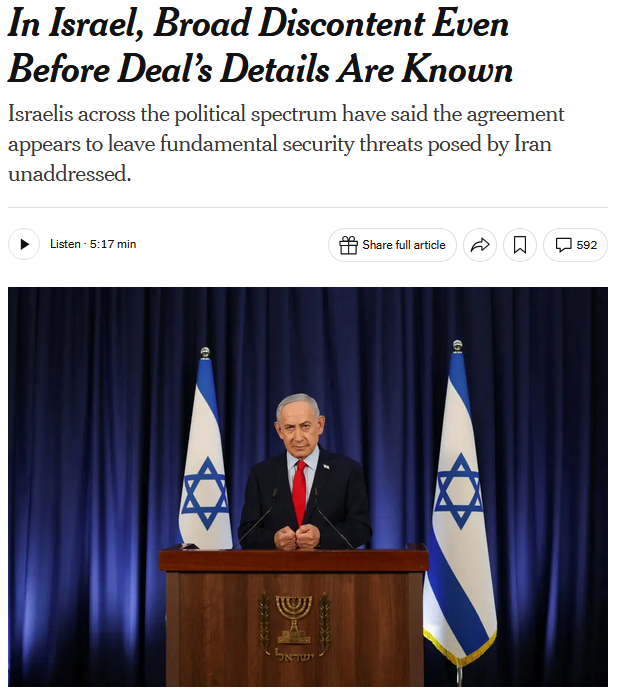 NYT: In Israel, Broad Discontent Even Before Deal’s Details Are Known