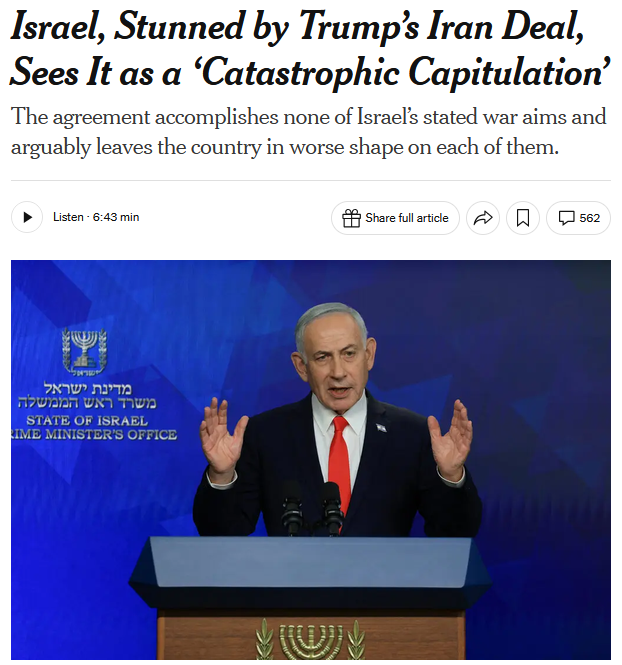 New York Times: Israel, Stunned by Trump’s Iran Deal, Sees It as a ‘Catastrophic Capitulation’