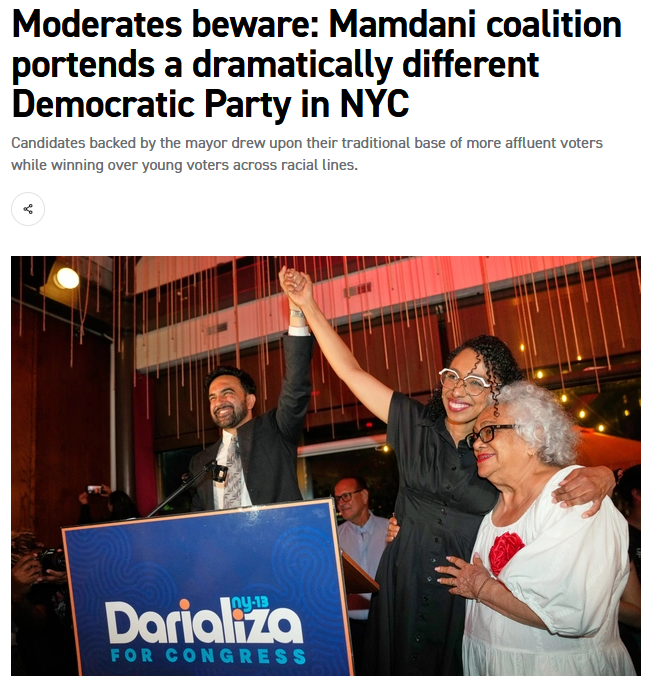 Politico: Moderates beware: Mamdani coalition portends a dramatically different Democratic Party in NYC