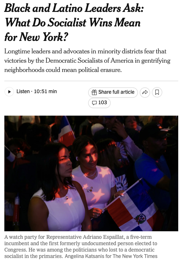 Screenshot of New York Times article about DSA victories