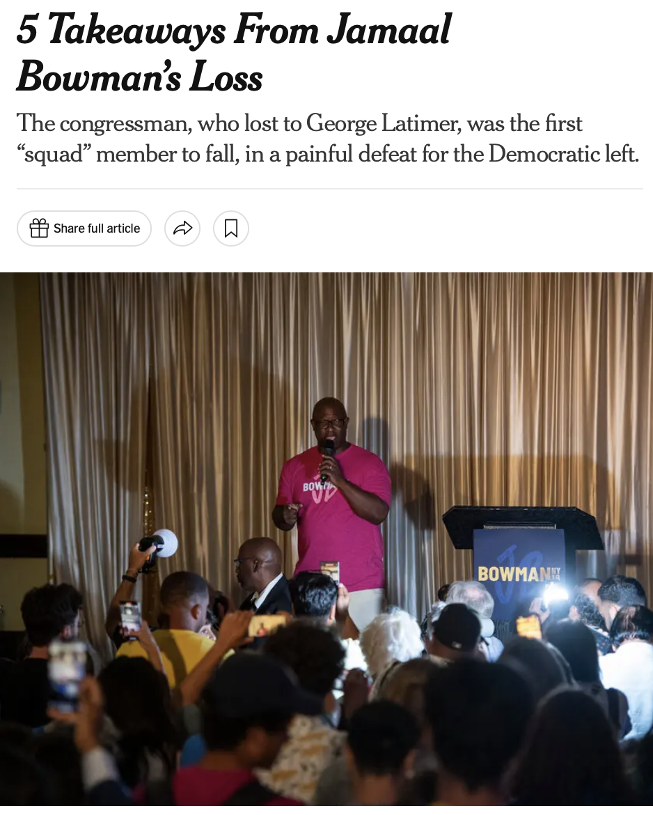 Screenshot of New York Times article about Jamaal Bowman's electoral defeat