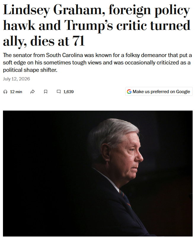 WaPo: Lindsey Graham, foreign policy hawk and Trump’s critic turned ally, dies at 71