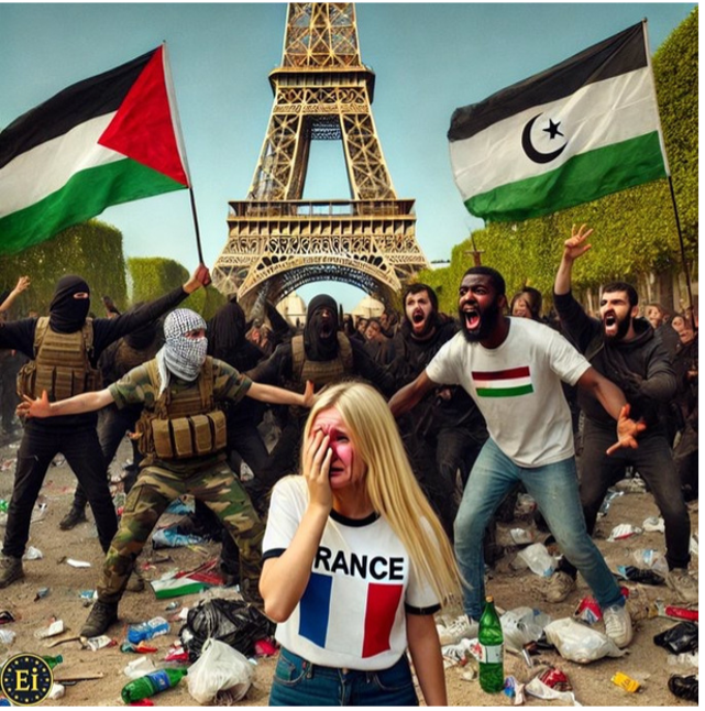 Racist AI image of Palestinians and Africans attacking a crying blonde woman labeled France.