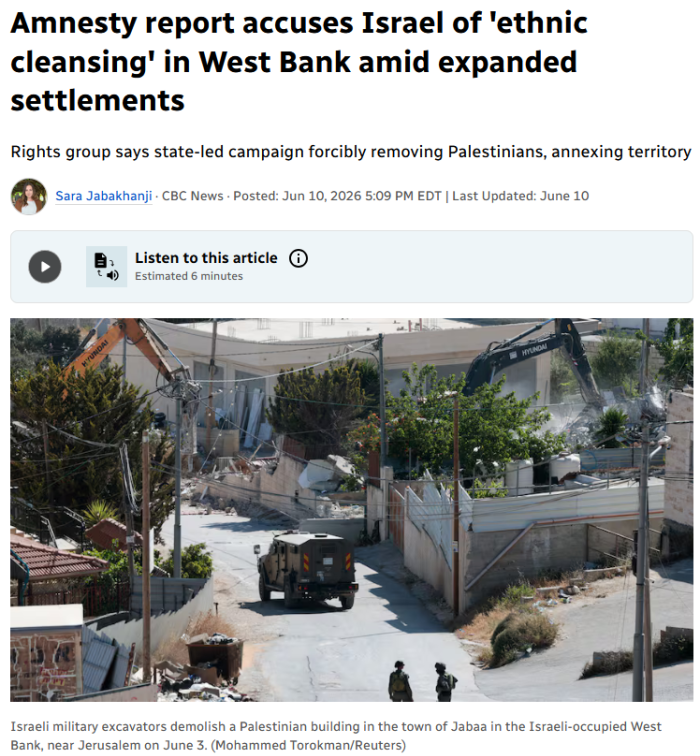 CBC: Amnesty report accuses Israel of 'ethnic cleansing' in West Bank amid expanded settlements