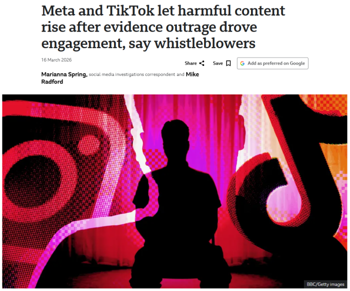 BBC: Meta and TikTok let harmful content rise after evidence outrage drove engagement, say whistleblowers