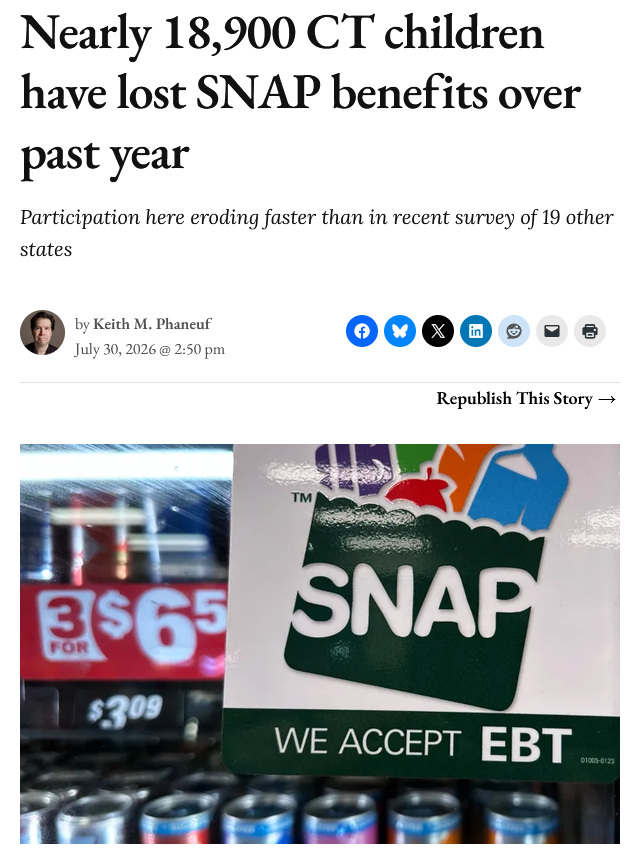 CT Mirror: Nearly 18,900 CT children have lost SNAP benefits over past year 