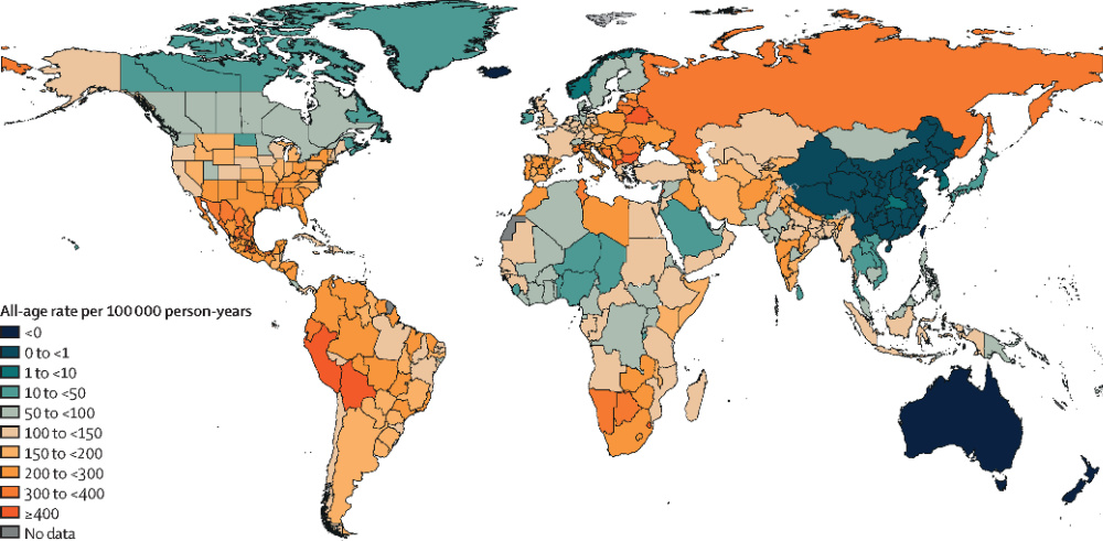Lancet: Global distribution of estimated excess mortality rate due to the COVID-19 pandemic, for the cumulative period 2020–21