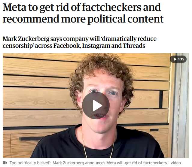 Guardian: Meta to get rid of factcheckers and recommend more political content