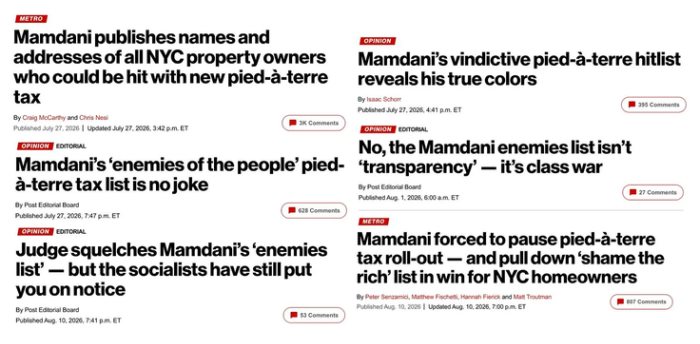 New York Post headlines about Pied-a-Terre tax