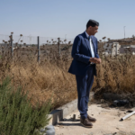 New York Times depiction of Ro Khanna visiting a Palestinian school destroyed by Israeli settlers (photo: Samar Hazboun for The New York Times)