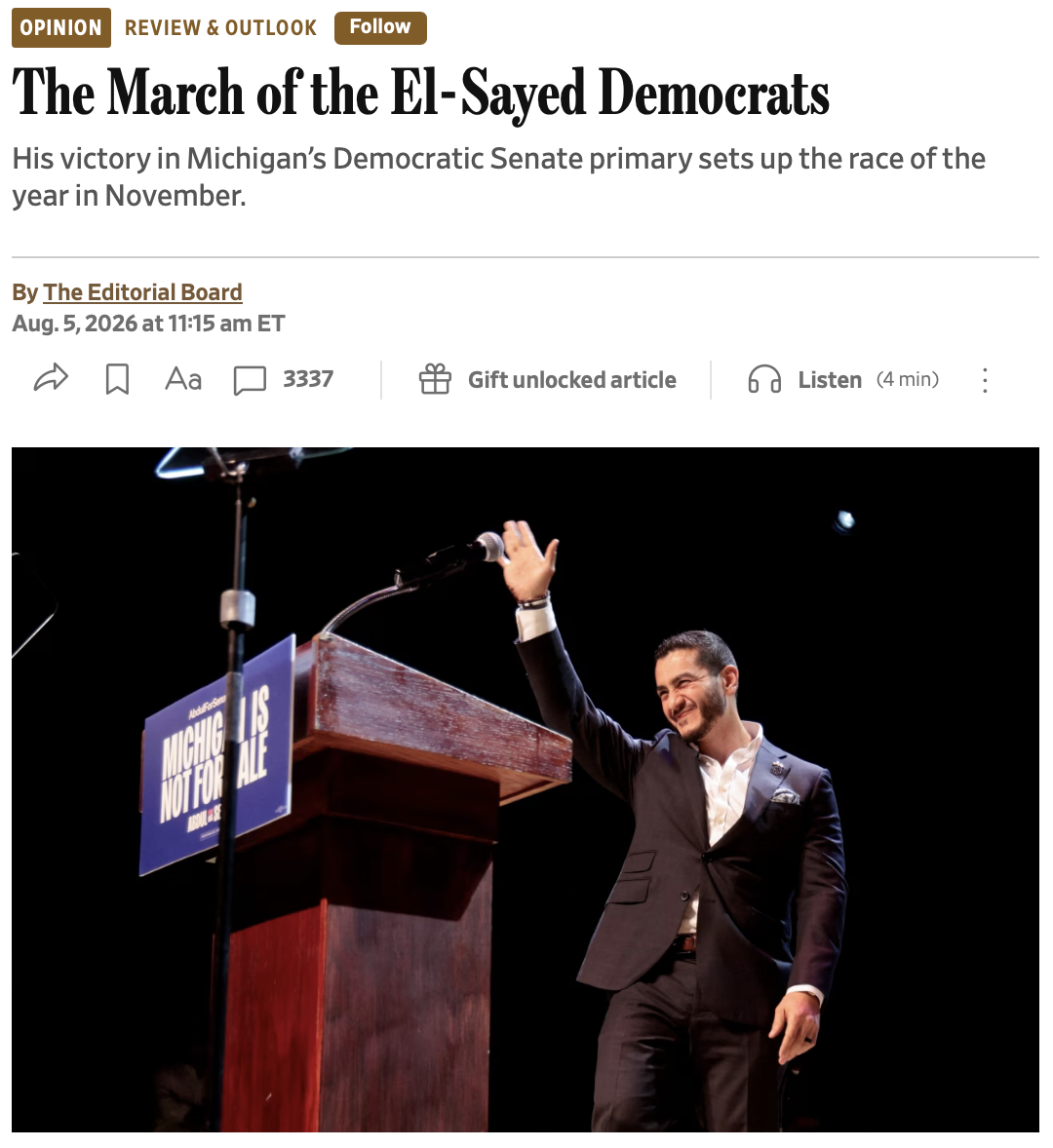 Screenshot of Wall Street Journal editorial on El-Sayed