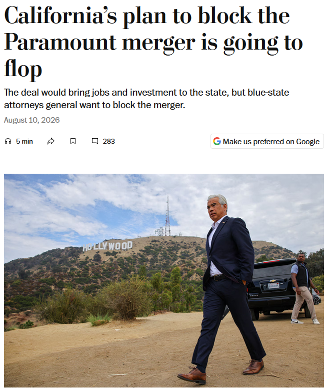 WaPo: California’s plan to block the Paramount merger is going to flop