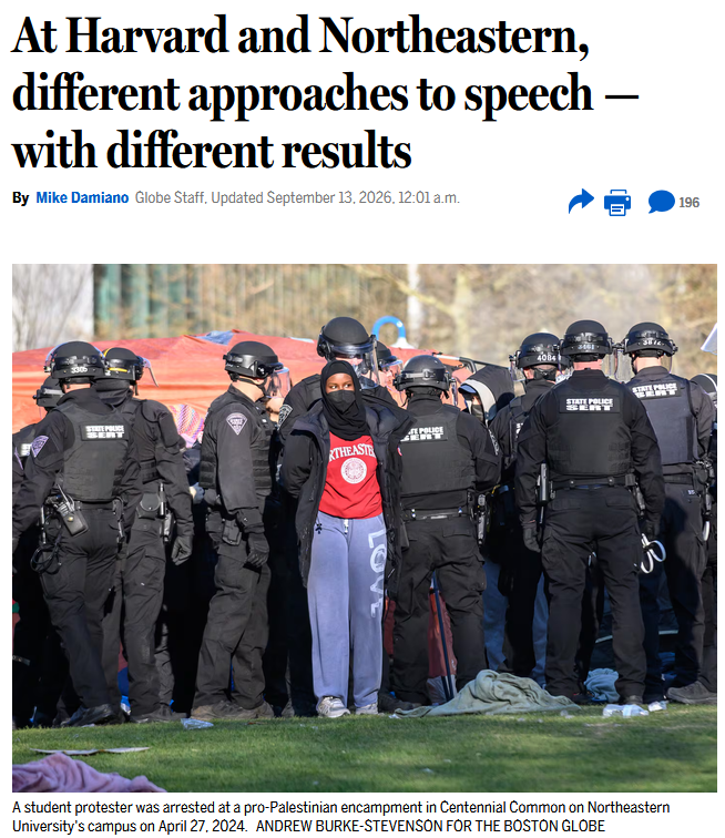 Boston Globe: At Harvard and Northeastern, different approaches to speech — with different results
