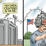 Detail from Branco cartoon of a Chinese data center using a psy op to convince a US citizen to say 'No data centers.'