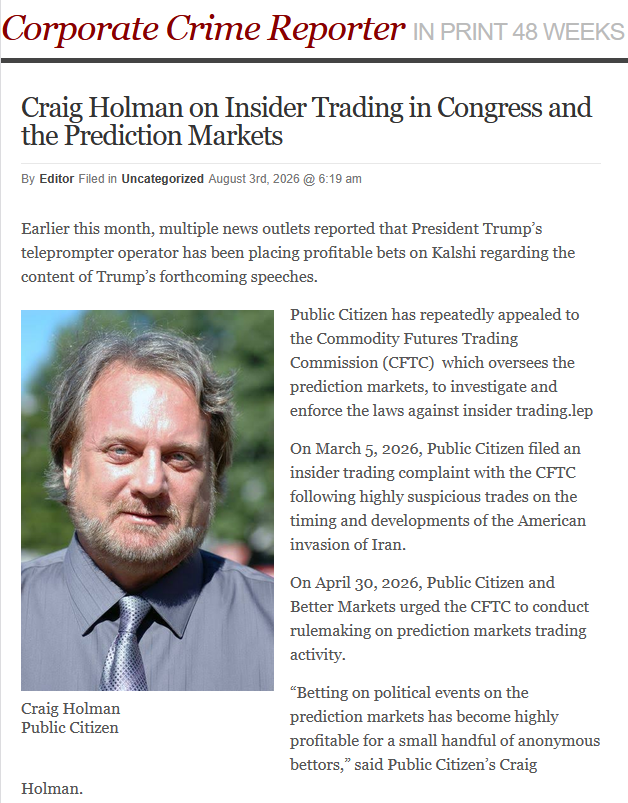 Corporate Crime Reporter: Craig Holman on Insider Trading in Congress and the Prediction Markets