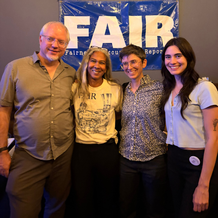 FAIR's current staff: Jim Naureckas, Janine Jackson, Julie Hollar and Olivia Riggio