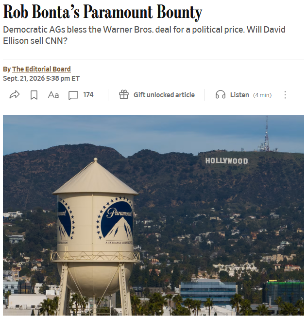 WSJ: Rob Bonta’s Paramount Bounty