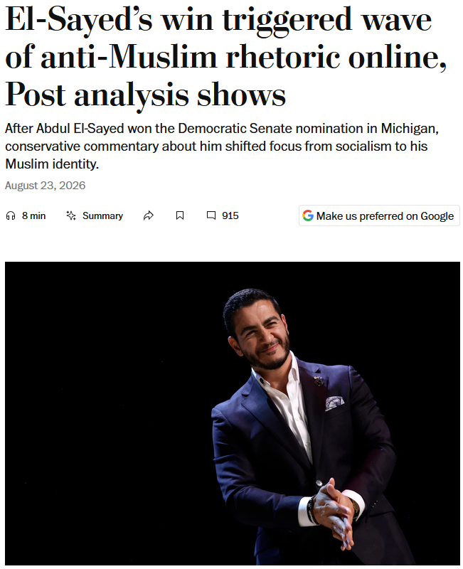 WaPo: El-Sayed’s win triggered wave of anti-Muslim rhetoric online, Post analysis shows