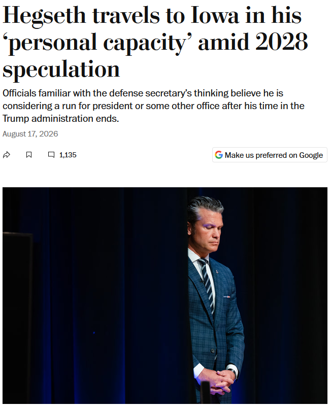 WaPo: Hegseth Travels to Iowa in His 'Personal Capacity' Amid 2028 Speculation