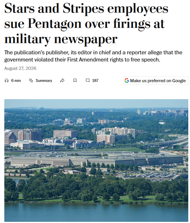 Washington Post: Stars and Stripes employees sue Pentagon over firings at military newspaper