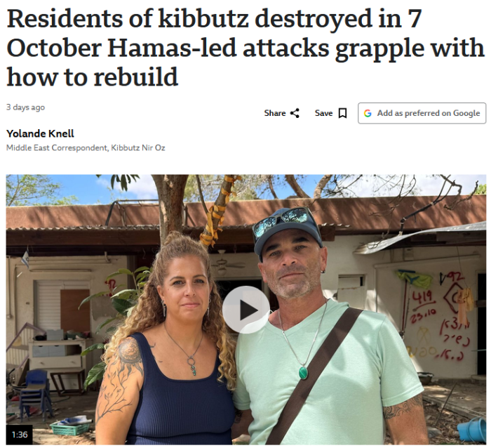 BBC: Residents of kibbutz destroyed in 7 October Hamas-led attacks grapple with how to rebuild