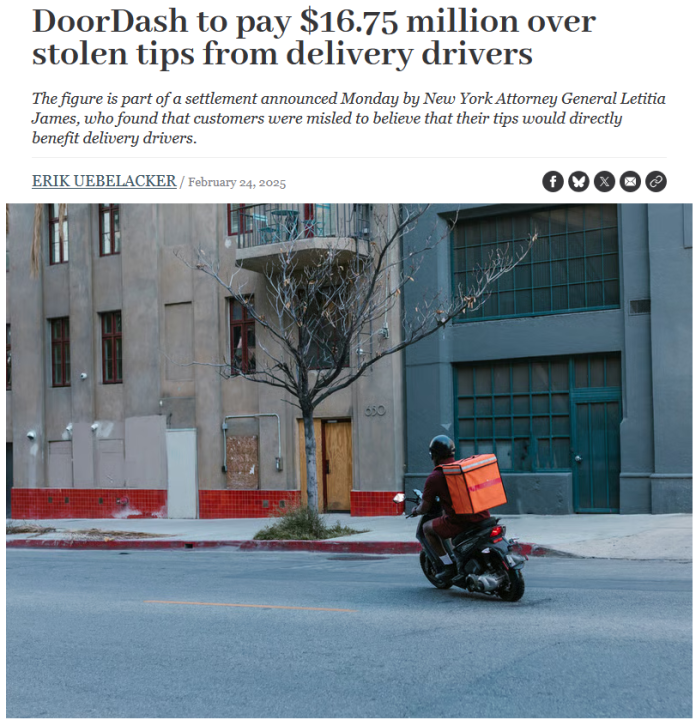 Courthouse News: DoorDash to pay $16.75 million over stolen tips from delivery drivers
