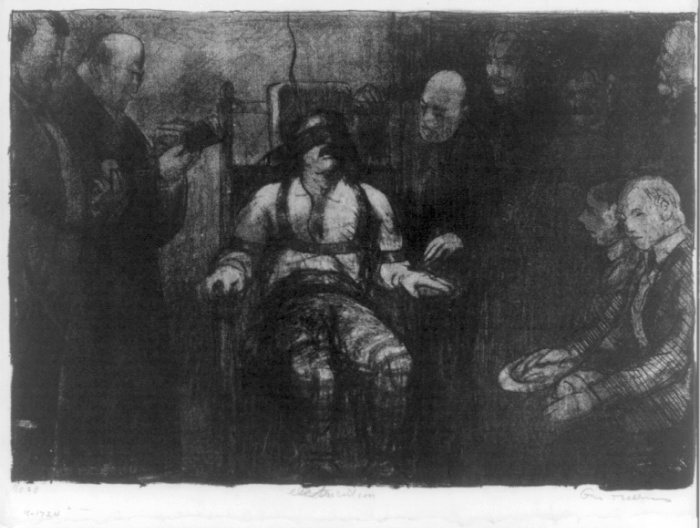 Charcoal drawing of an execution by electric chair.