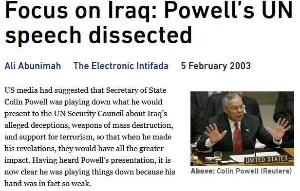 Electronic Intifada: Focus on Iraq: Powell’s UN speech dissected