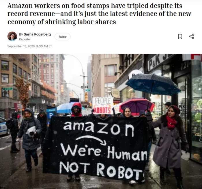 Fortune: Amazon workers on food stamps have tripled despite its record revenue—and it’s just the latest evidence of the new economy of shrinking labor shares