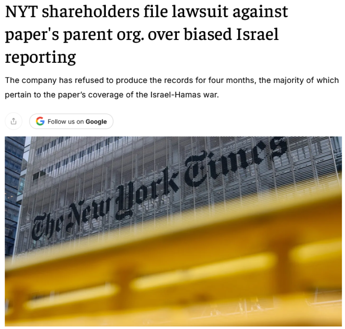Jerusalem Post: NYT shareholders file lawsuit against paper's parent org. over biased Israel reporting