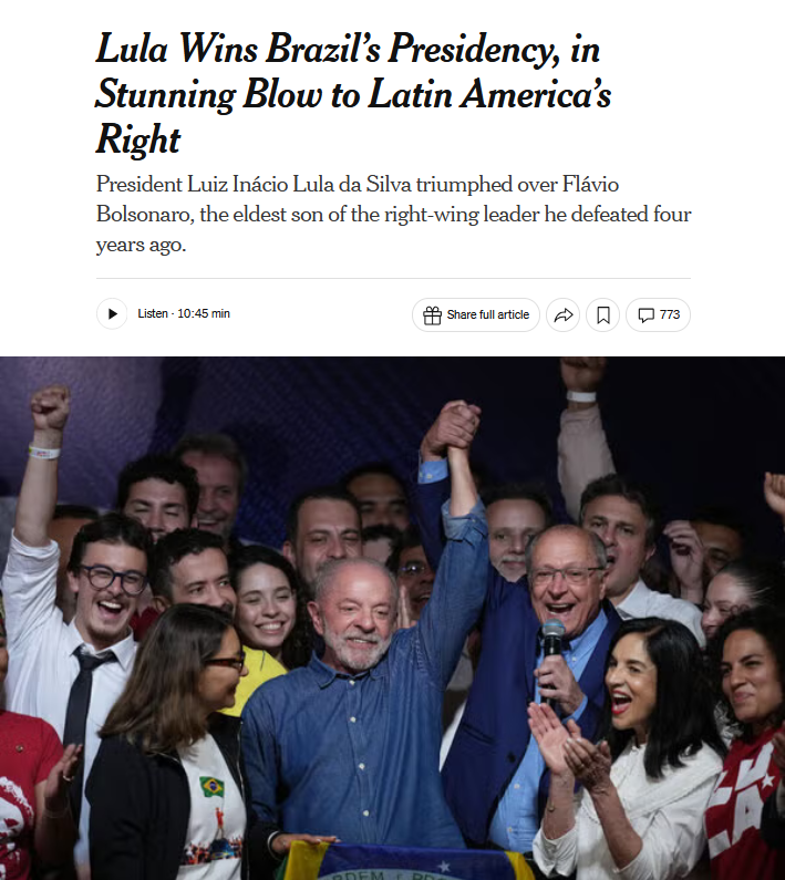 NYT: Lula Wins Brazil’s Presidency, in Stunning Blow to Latin America’s Right
